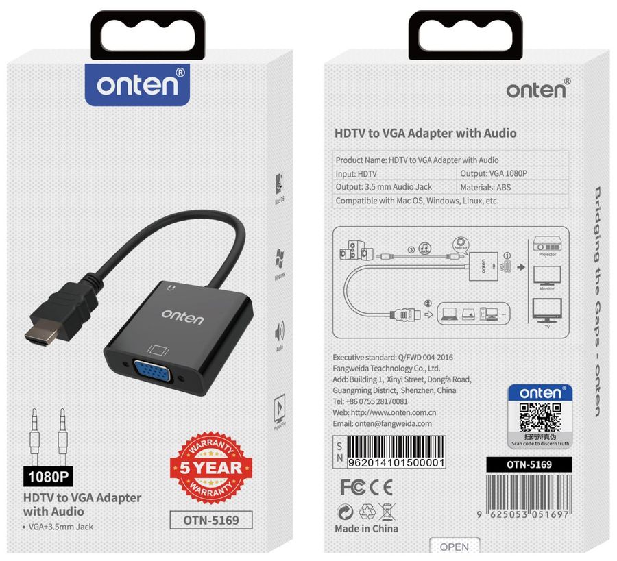ONTEN OTN-5169 HDMI to VGA female adapter with audio
