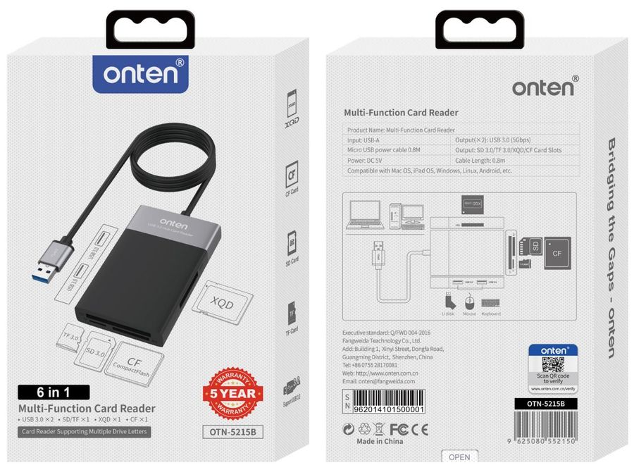 ONTEN OTN-5215B 6-in-1 Multi-Function Card Reader