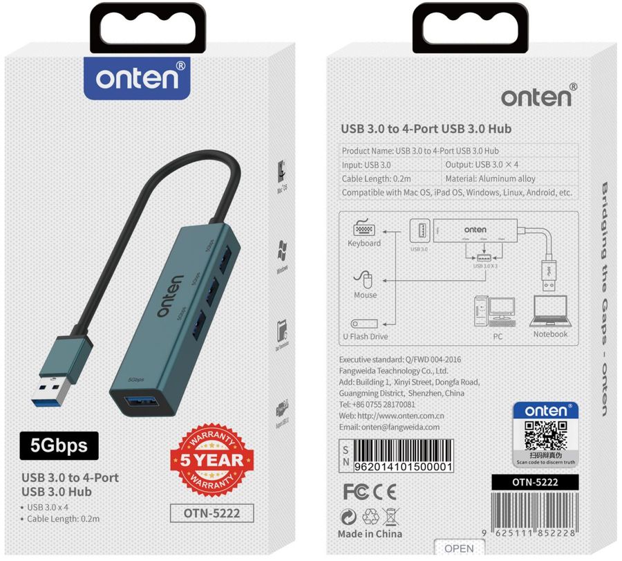 ONTEN OTN-5222 USB 3.0 to 4-Ports USB 3.0 Hub