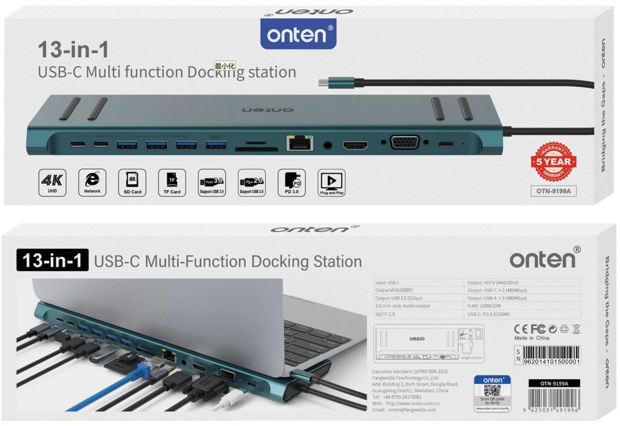 ONTEN OTN-9199A 14-in-1 USB-C Multi function Docking station