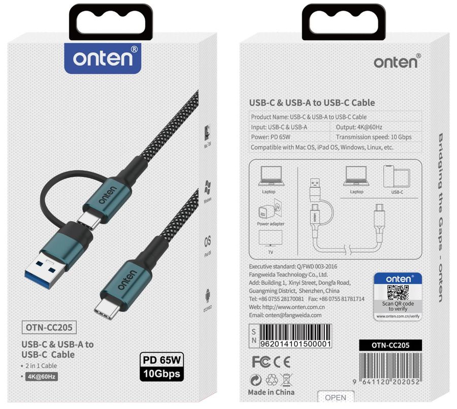 ONTEN OTN-CC205 10G 2-in-1 USB-A+C to C cable