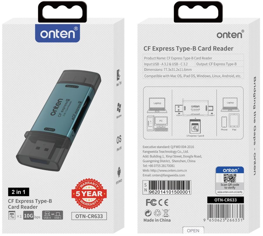 ONTEN OTN-CR633 2-in-1 USB-A/C (10G ) CFexpress TypeB Card Reader