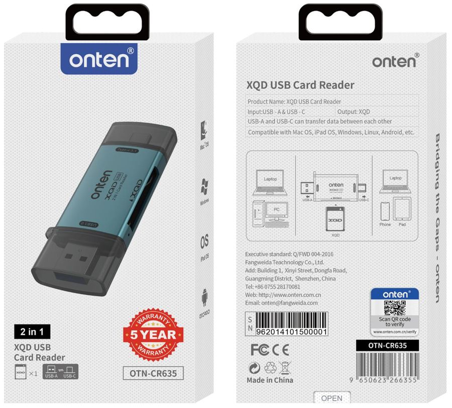 ONTEN OTN-CR635 2-in-1 USB-A/C(3.0 )XQD Card Reader