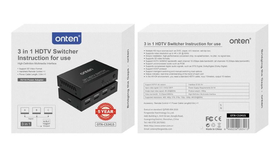 ONTEN OTN-CS341S 3 in 1 HDMI 2.0 Switcher 4K@60Hz 3