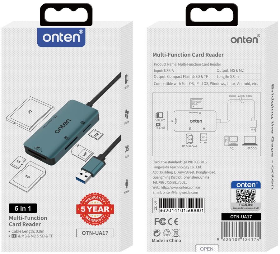 ONTEN OTN-UA17 5-in-1 USB-A Card Reader for CF M2 MS SD/TF