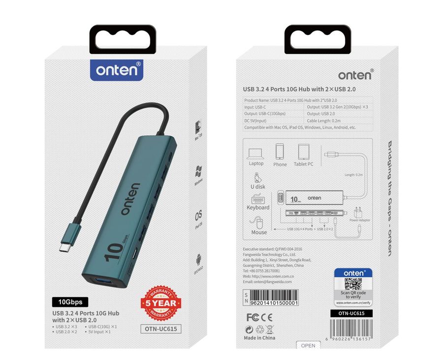 ONTEN OTN-UC615 6-in-1 USB 3.2 Gen 2 6-Ports Hub 6